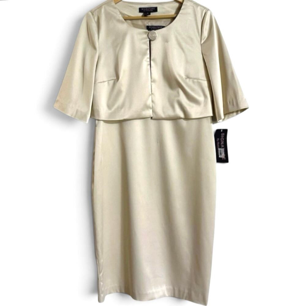 Signature by Robbie Bee Satin Jacket & Dress Set NEW Women 10 Beige Knee Length